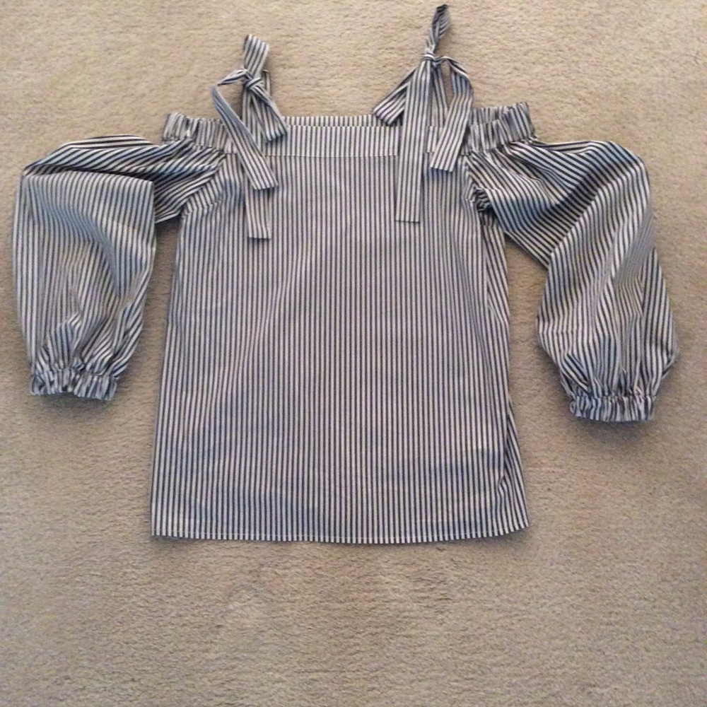 Michael Kors gray stripe off the shoulder blouse.